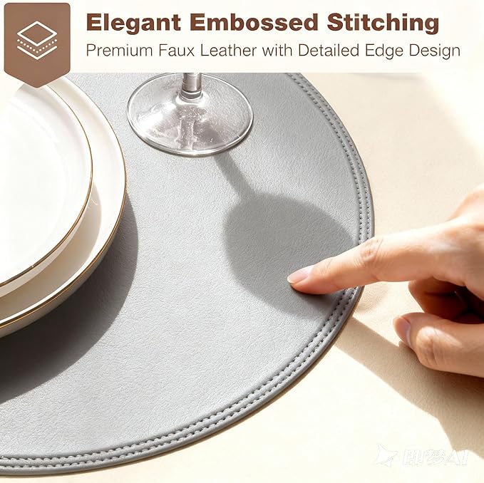 Round Vinyl Gray Placemats Set of 6, Faux Leather Waterproof Wipeable Heat Resistant Place Mats, Washable Table Mats for Halloween, Thanksgiving & Christmas Dinner(Gray)