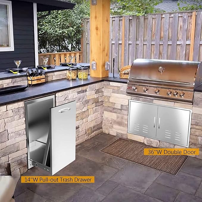 Outdoor Kitchen Drawers, Flush Mount Triple Access BBQ Drawers With Stainless Steel Handle, BBQ Island For BBQ Island Patio Grill Station,Trash Drawer