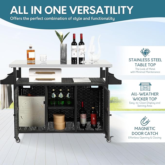 Outdoor Wicker Grill Cart with Storage Cabinet, Outdoor Moveable Bar with Rolling Wheels, Patio Prep Table with Wicker Cabinet, Kitchen Buffet Cabinet with Island, Grey