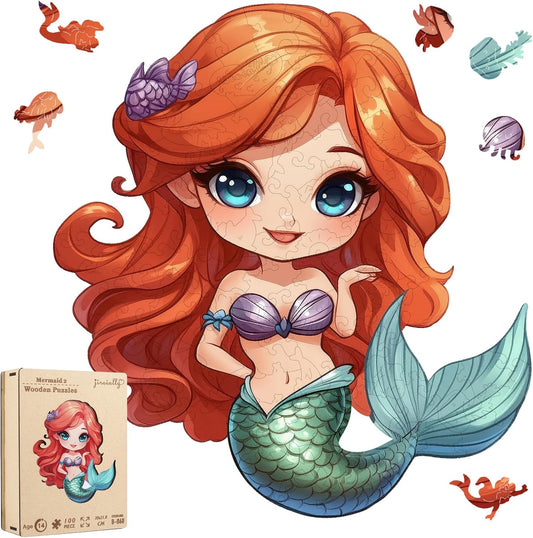 Wooden Puzzles for Adult and Kids, 100 Pieces Ocean Puzzle, Unique Shaped Mermaid Wooden Preschool Puzzle, Toddler Wooden Puzzle Toy Gift for Family and Friends, Suitable for Family Games