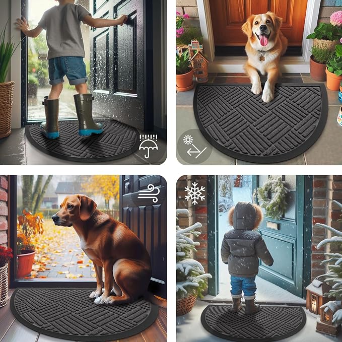 Smiry Half Circle Front Door Mat Outside Entrance, Heavy Duty Outdoor Indoor Natural Rubber Doormat, Non Slip, Trap Dirt and Moisture, Easy Clean, Low Profile Patio Porch Entryway Mat, 29.5x17, Grey