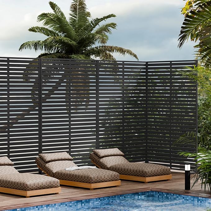 Privacy Fence Screen with Stand 6 Panel 72" H×47" W HDPE Decorative Panels with Steel Poles and Stand, Air Conditioner Fence Panels, Privacy Screen for Outdoor Backyard, Balcony, Pool