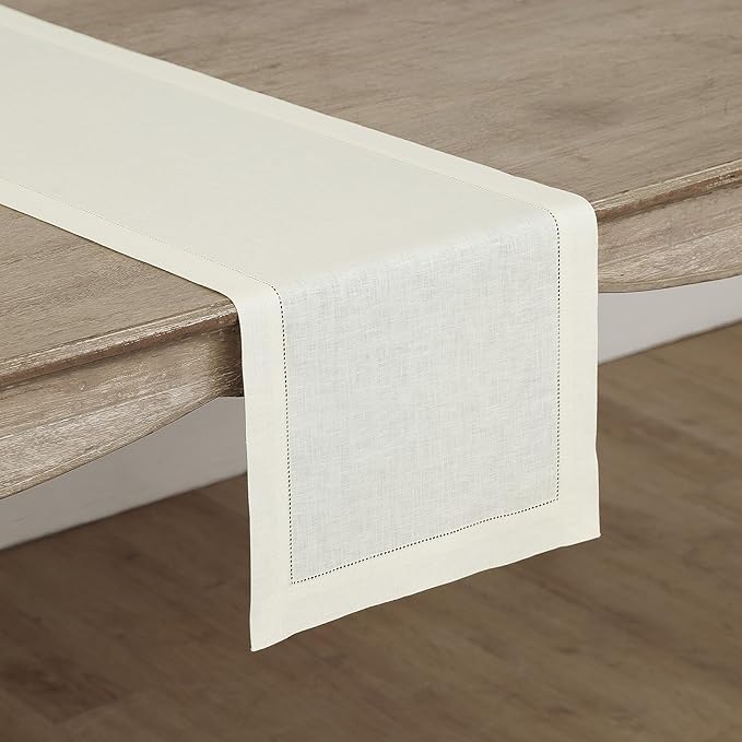 Solino Home Linen Ivory Table Runner 36 Inches - Classic Hemstitch, 100% Pure Linen Coffee Table Runner 14 x 36 Inch Ideal for Dresser Tables - Spring, Easter