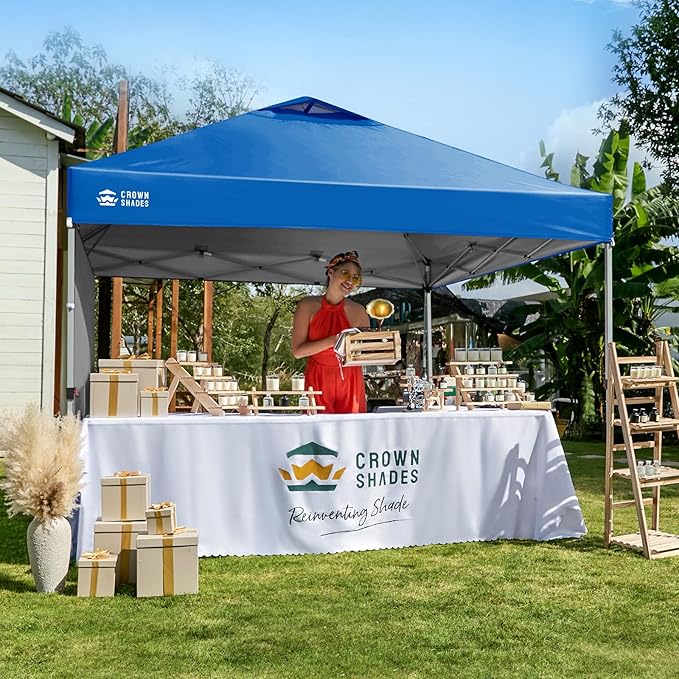 CROWN SHADES 12x12 Pop Up Canopy Tent Instant Commercial with 150D Silver Coated Fabric Including 1 Removable Sidewall, 4 Ropes, 8 Stakes, Weight Bags, STO 'N Go Bag, Blue