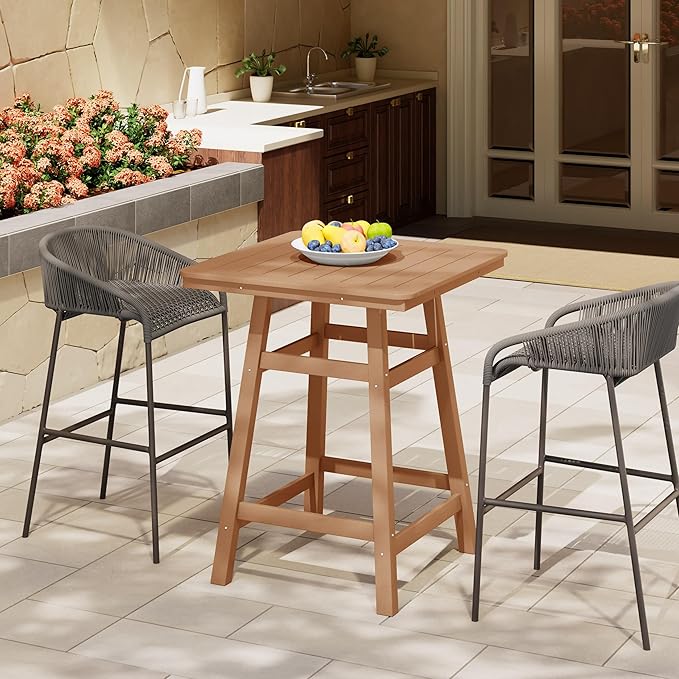 Costaelm Outdoor Bar Table, 37" Counter Height Square Patio Cocktail Bar Table with Umbrella Hole, Patio Bistro Dining Pub Table for Front Porch Deck Backyard Garden, Teak