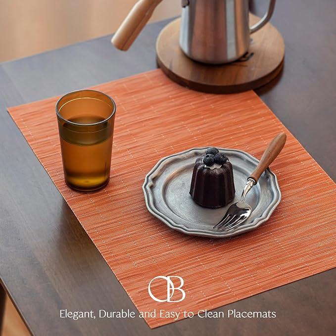 Placemats Set of 8 - Easy Clean Woven Vinyl Placemats for Dining Table, Indoor/Outdoor Place Mats, Washable PVC Table Mats （Orange）