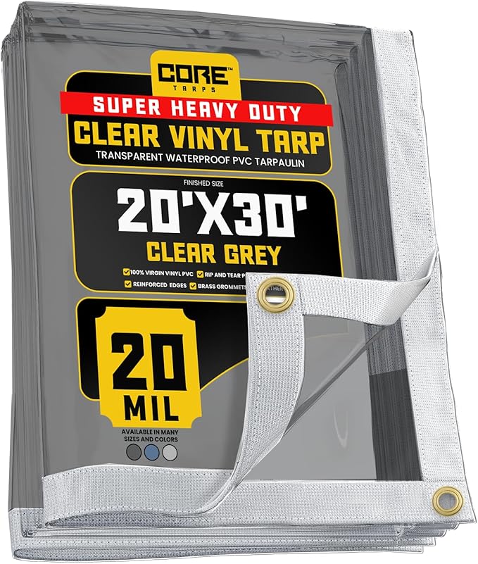 Core Tarps 20 Mil Extreme Heavy Duty Clear Tarp with Gromments - 20x30ft Super Clear Tarps Heavy Duty Waterproof Vinyl Tarpaulin, Transparent Tarp for Outdoor, Camping & Construction, Clear Grey