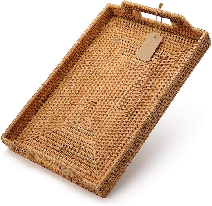 Hand-Woven Rattan Rectangular Serving Tray with Handles for Breakfast, Drinks, Snack for Coffee Table (14.5x10.2x1.4inches)