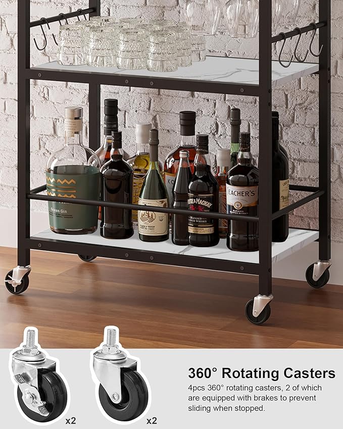 TUTOTAK Bar Cart - Serving Cart for Home - Microwave Cart, Drink Cart, Mobile Kitchen Shelf with Wine Rack and Glass Holder, Rolling Beverage Cart BC01BM030