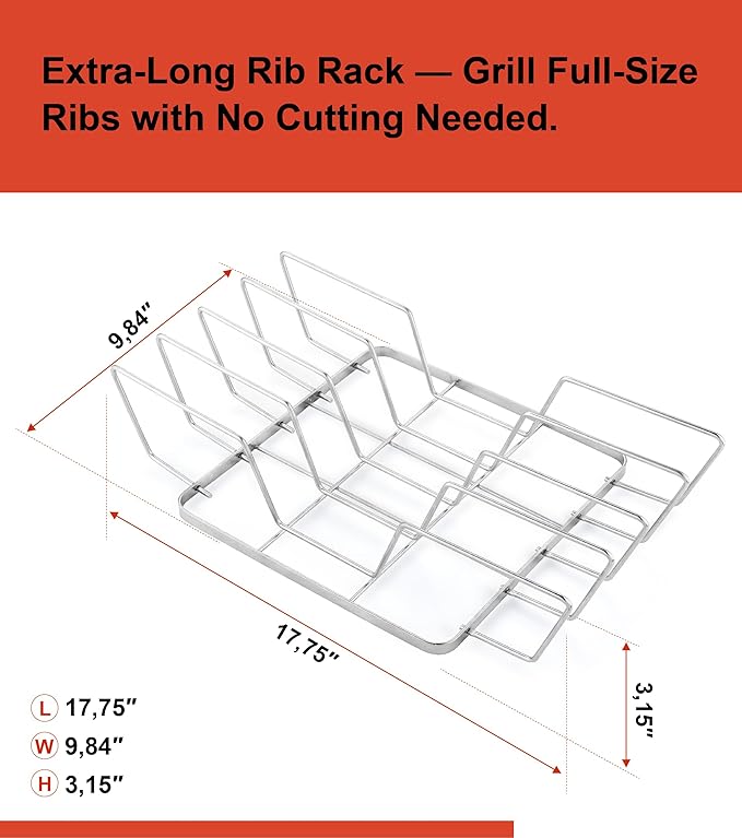 Rib Rack for Smoking – Foldable Extra Long Stainless Steel Rib Holder for 4 Ribs Upright – Fits 18" Smoker, Weber, Kamado, Traeger – BBQ Grill Accessories for Men & Meat Lovers