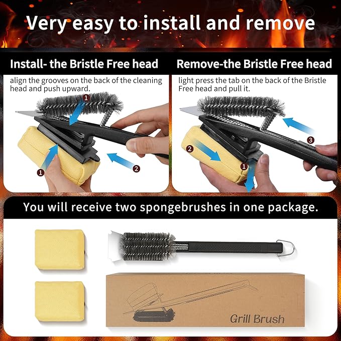 BBQ Grill Brush with Scraper-Removable BBQ Clearning Brush Head with Wire Bristles Brush & 2 Steam Brush-Black Grill Cleaner Brush Accessories for Gas/Charcoal Grilling Grates-Gifts for Grill Men