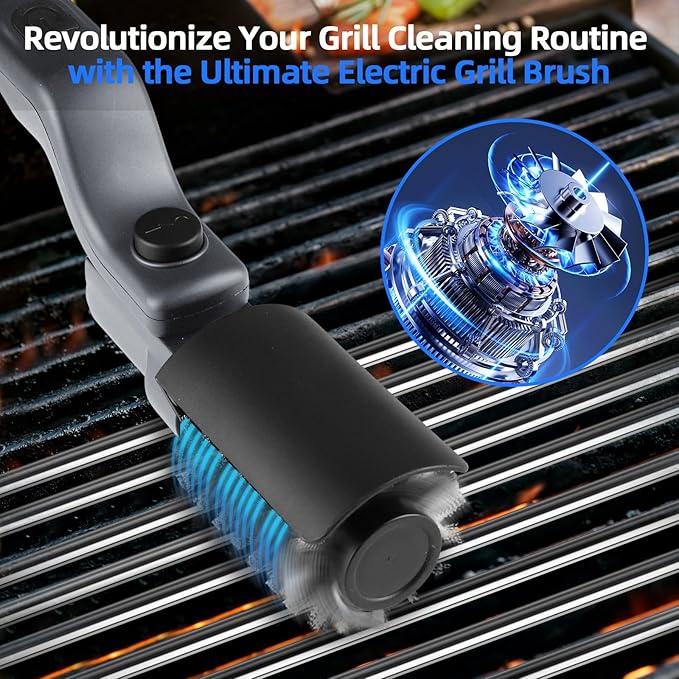 Upgraded Electric Grill Brush, Cordless Rechargeable Grill Cleaning Brush with Adjustable Angle, Stainless Steel Brush Head, 3-Speed Power, 90-Min Runtime, Waterproof Cleaner for BBQ Grates (Gray)