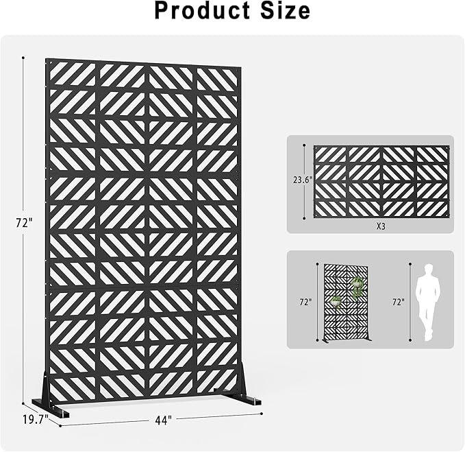Heavy-Duty Outdoor Privacy Screen for Patio, Balcony, Backyard - 72" H * 44" W Tall Metal Room Divider with Geometric Pattern, Anti-Tipping Kit, Weather Resistant, Easy Assembly (Black-FGXPF)