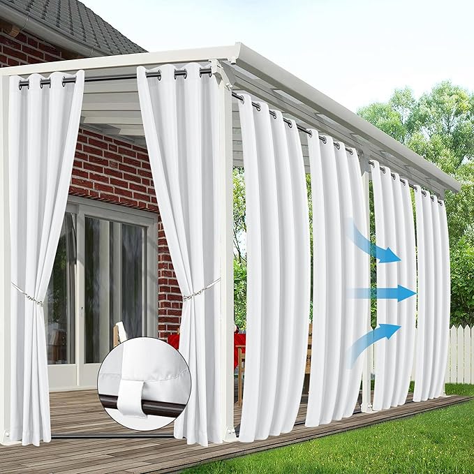 HolidayIdeas Outdoor Curtains for Patio Waterproof 6 Panels 54x84 Inch-Windproof Weatherproof Privacy White Curtains-Grommet Top and Tab Bottom Drape for Gazebo, Porch, Pergola, Cabana, Backyard