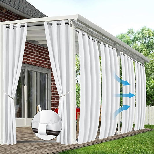 HolidayIdeas Outdoor Curtains for Patio Waterproof 6 Panels 54x95 Inch-Windproof Weatherproof Privacy White Curtains-Grommet Top and Tab Bottom Drape for Gazebo, Porch, Pergola, Cabana, Backyard