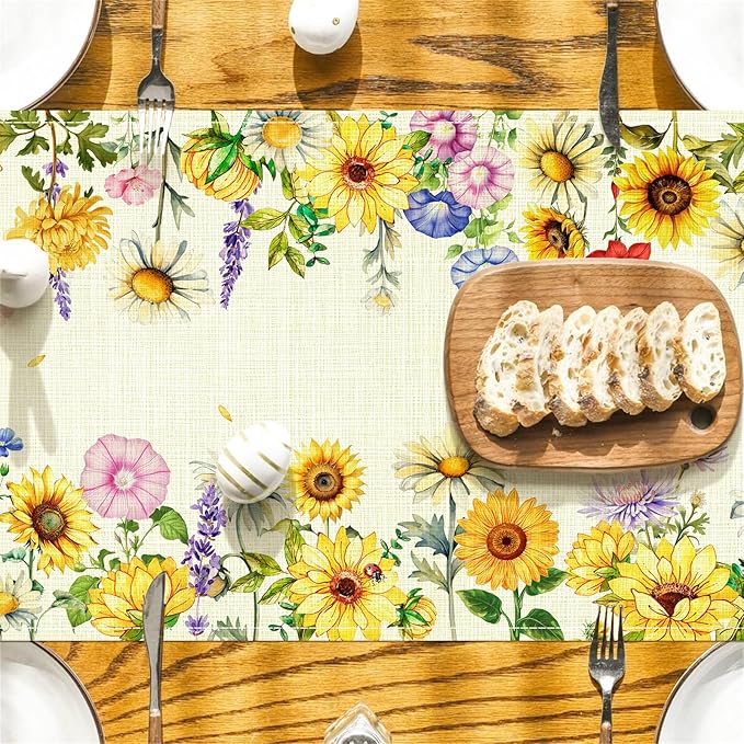 Tulip Lavender Spring Table Runner, Summer Seasonal Holiday Anniversary Kitchen Table Decorations, Indoor Outdoor Home Party Decor (Colorful Sunflowers, 13×72 Inches)