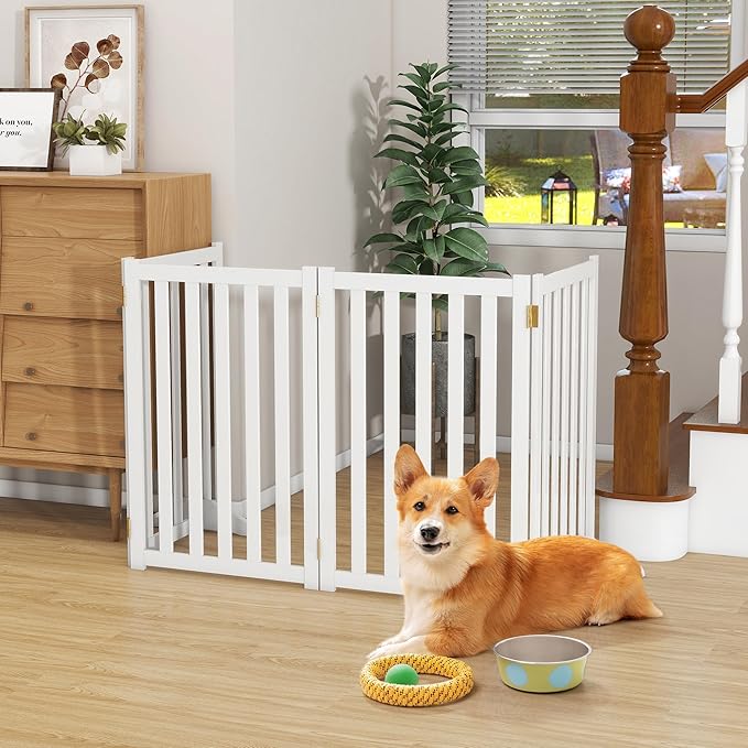 30" Height Tall Freestanding Pet Gate, Solid Wood Folding Safety Fence Wooden Dog Gate with 2 PCs Support Feet Ideal for Stairs, Doorways, Halls, Kitchens, Heavy Duty Gates, 4 Panels, White