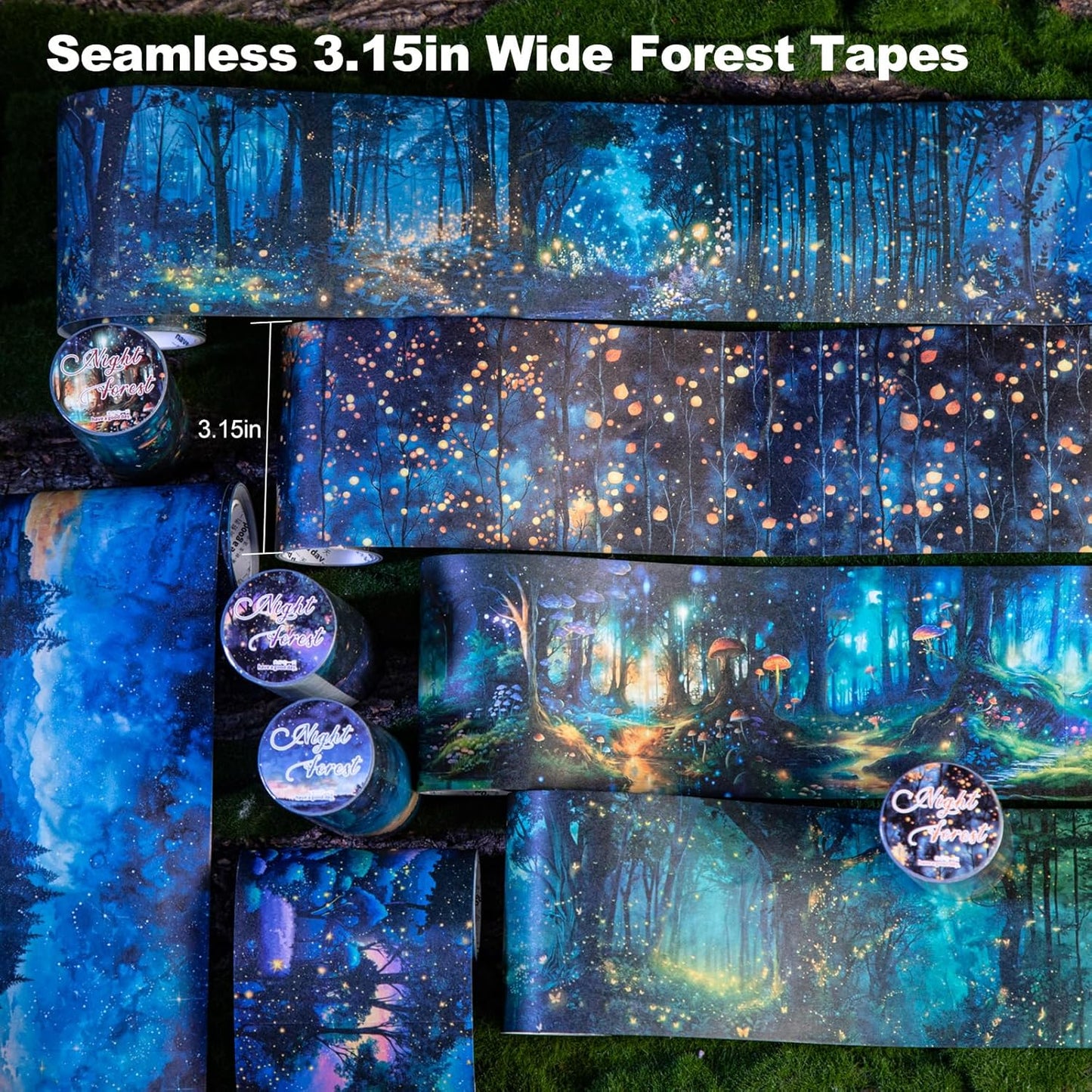 Night Forest Seamless Washi Tape Scrapbook Kit – 6 Rolls with Starry Sky, Fairy Woods & Twilight Designs for Journaling, DIY Crafts, Gift Wrapping, Card Making, Decoration, 3.15in Wide