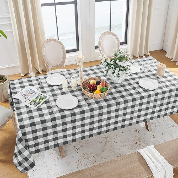 Softalker Gingham Checkered Tablecloth Rectangle - Outdoor Waterproof Buffalo Plaid Table Cloth, Stain Resistant Washable Table Cover for Picnic, Camping, Dining - Grey and White, 60 x 120 Inch