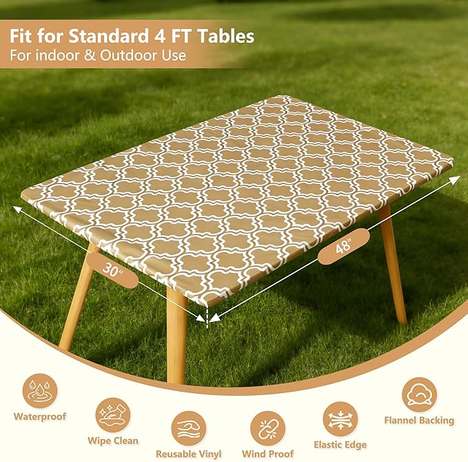 Rectangle Picnic Table Cloth, Elastic Waterproof Fitted Vinyl Tablecloths for 4 Foot Tables, Wipeable Flannel Backed Table Covers for Dining, Camping, Outdoor(Khaki,30"x48")