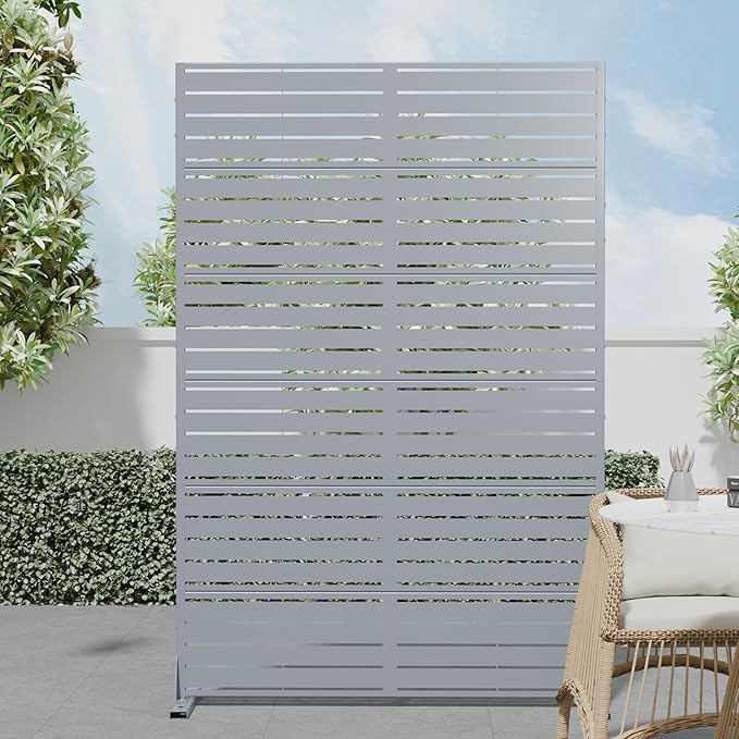 Casaphoria Metal Privacy Screen Outdoor, 72" H x 47" W Freestanding Decorative Privacy Screen for Patio Deck Balcony Garden with Stable Base, Grey-Louvered