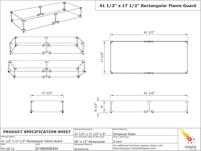 Celestial 41.25" x 17" x 6" Wind Guard, fits Celestial 36” x 12” Fire Pit Burner Pan for Gas Fire Pits