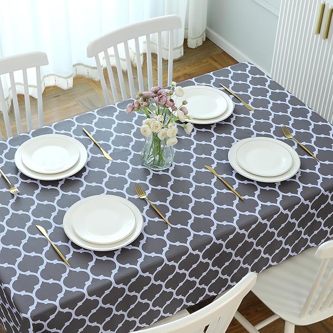 Romanstile Rectangle Plastic Tablecloth, 100% Waterproof Oil-Proof Checkered PVC Table Cloth, Heavy Duty Vinyl Table Cover for Dining, Camping, Picnic, Outdoor - 54 x 78 Inch, Moroco Grey