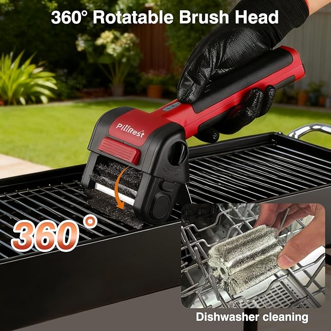 Electric Grill Brush, Cordless Rechargeable Grill Cleaner with LED Light - 950 RPM Spinning 304 Stainless Steel Head, Dishwasher-Safe BBQ Tool for Outdoor Grills