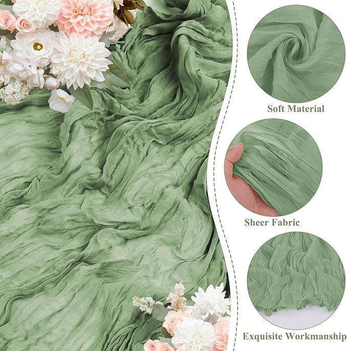 8 Packs Cheesecloth Table Runner 10FT Long Boho Gauze Fabric Table Runner Vintage Rustic Sheer Runners for Wedding Party Bridal Baby Shower Table Decorations (Sage Green)