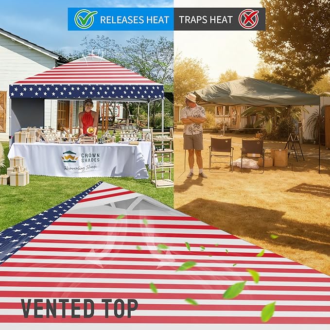 CROWN SHADES 10x10 Pop Up Canopy with 1 Side Wall - Beach Tent with One Push Setup - Outdoor Sun Shade for Events, Parties, Camping - Gazebo with STO-N-Go Cover Bag (American Flag)