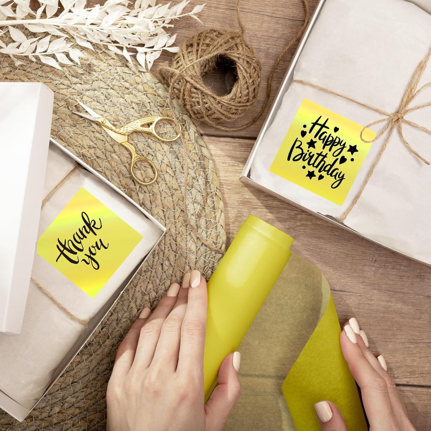 Square Thermal Labels Stickers 2" x 2", Holographic Thermal Stickers Labels, Self-Adhesive Glitter Direct Thermal Label for Small Business, DIY Design- Holographic Yellow