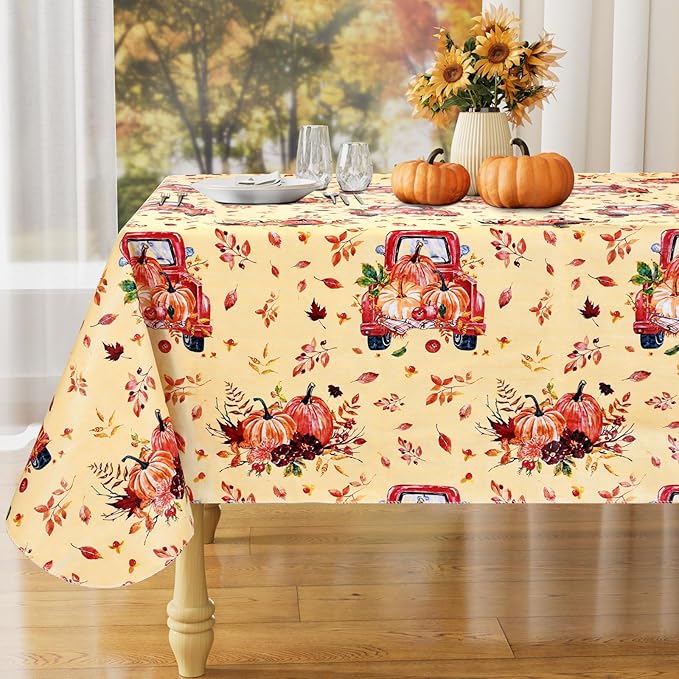 misaya Rectangle Waterproof Vinyl Table Cloth, Wipeable Tablecloth with Flannel Backing, Plastic Table Cover for Fall, Thanksgiving (Pumpkin Truck, 60" x 120")