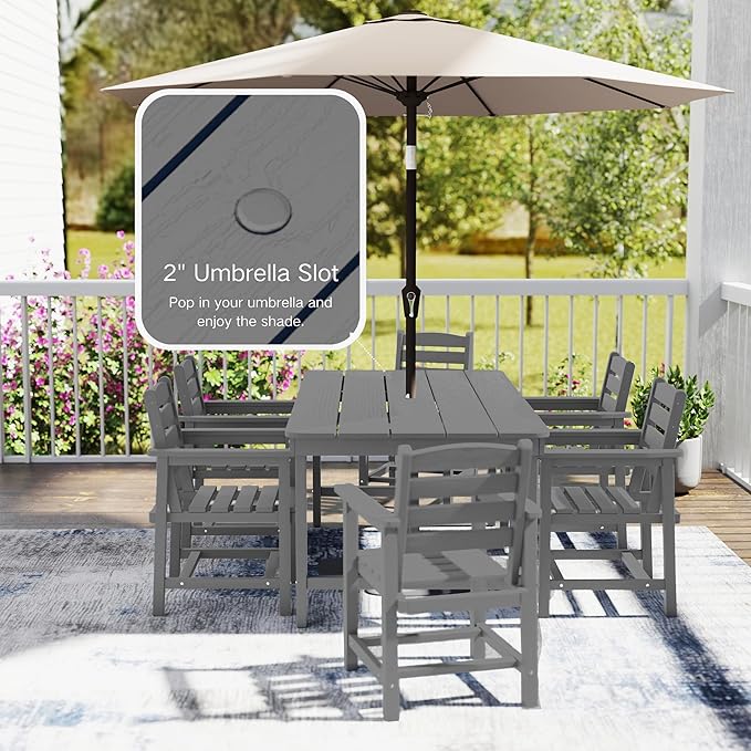 7 Piece Patio Dining Set with 11ft Patio Umbrella (Apple Green), 7 Gray Outdoor HDPE Dining Set with 6 Chairs + 1 Large Table, for Market, Pool, Garden, Backyard, Deck