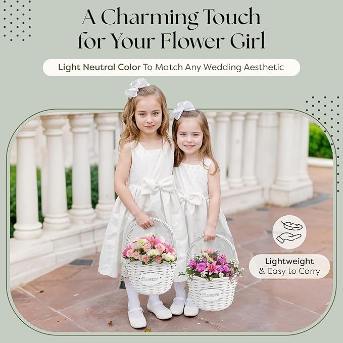 Flower Girl Basket (Set of 2) | Handcrafted Natural Wicker Flower Baskets for Flower Girl - Premium Wedding Basket with Water Resistant Liner - Perfect for Weddings, Parties & Home Décor