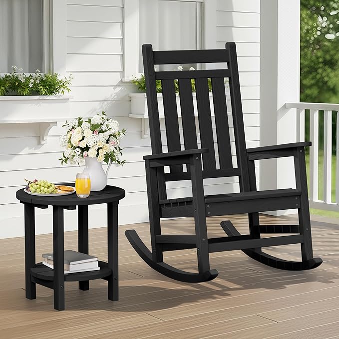 SERWALL Round Outdoor Side Table Set of 2, HDPE Small Adirondack Double End Table, Black
