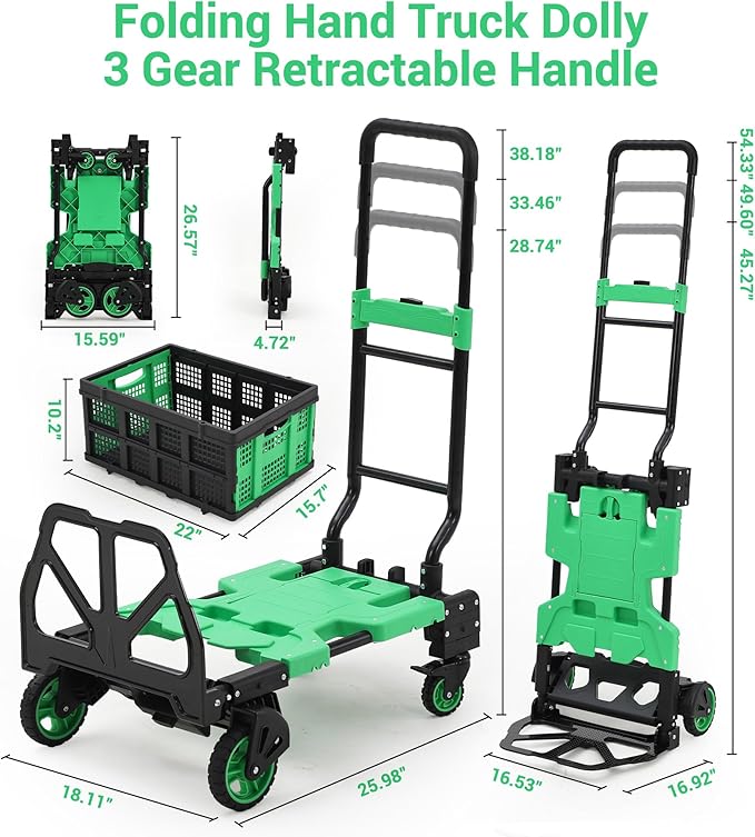 2-in-1 Folding Hand Truck with Basket, Heavy Duty 330LBS Collapsible Cart, Convertible Dolly & 4-Wheel Portable Shopping Cart for Groceries, Travel, Moving - Green
