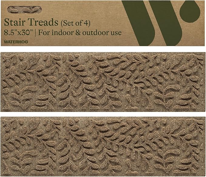 Bungalow Flooring Waterhog Stair Treads (Set of 4) – 8 1/2 x 30 Inches, Durable,Water-Trapping, Indoor/Outdoor Floor Covering, Boxwood Collection – Made in USA, Khaki/Camel
