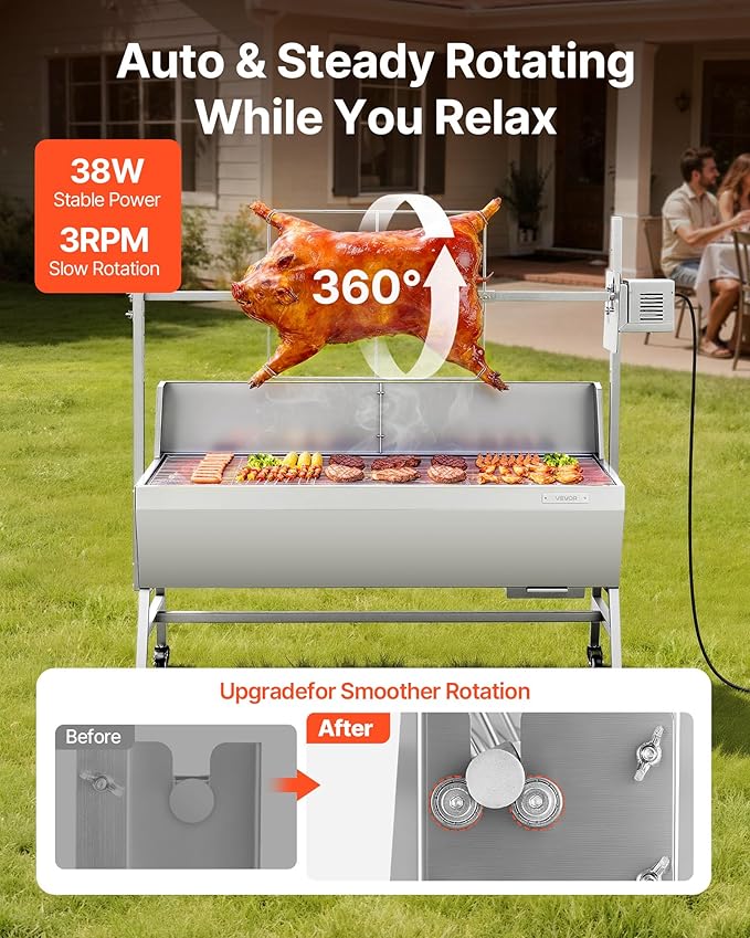 VEVOR Rotisserie Grill, 46in BBQ Outdoor Pig & Lamb Spit Roaster, Charcoal Spit Roaster with 132 LBS Capacity, Wheels, 4-Level Height, Stainless Steel Electric Rotisserie Grill Kit for Camping Outdoor