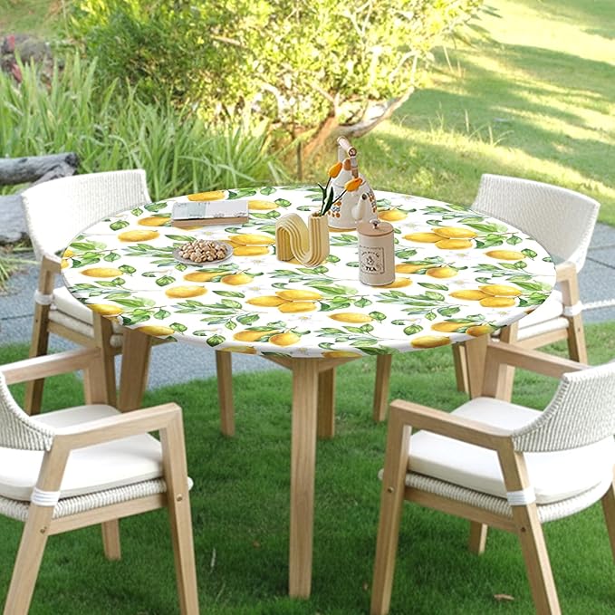 Lemon Round Fitted Tablecloth with Elastic Spring Summer Yellow Lemons Circle Table Cloth for 40-44" Round Tables Wipeable Waterproof Lemonade Party Farmhouse Table Cover for Picnic Dining Outdoor