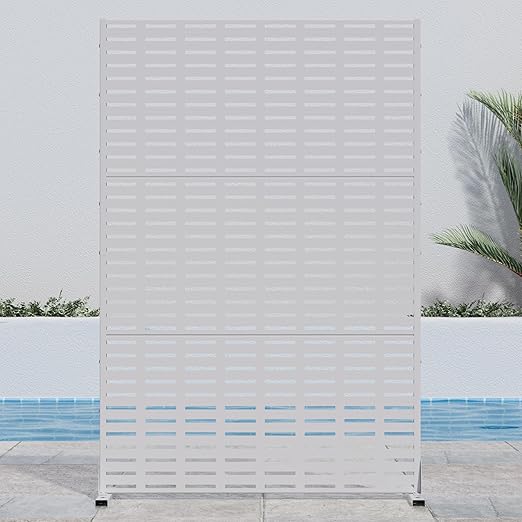 Casaphoria Metal Privacy Screen Outdoor, 72" H x 47" W Freestanding Decorative Privacy Screen for Patio Deck Balcony Garden with Stable Base, White-Abraham