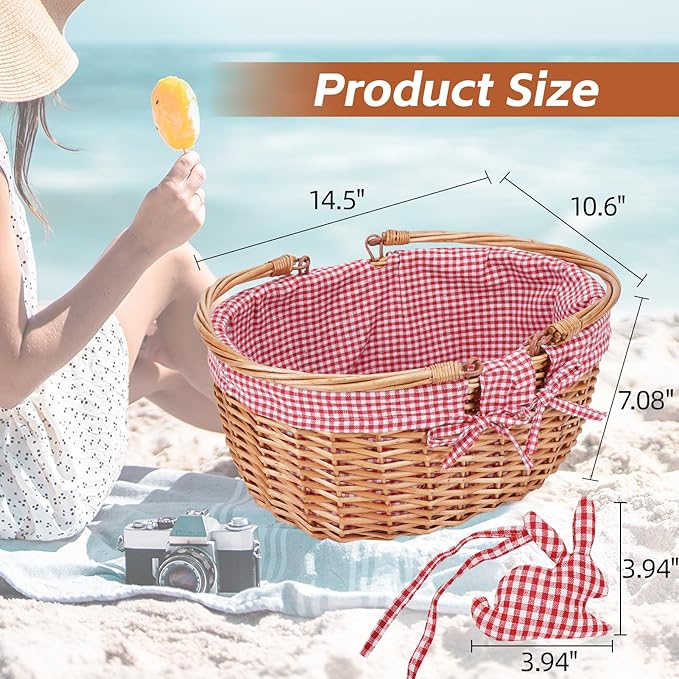 G GOOD GAIN Wicker Picnic Basket with Double Folding Handles,Willow Picnic Hamper,Natural Hand Woven Easter Basket,Easter Eggs and Candy Basket,Bath Storage,Gift Packing Basket.Red