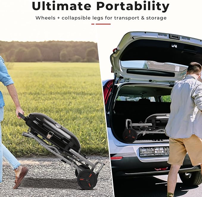 Portable Propane Gas Grill,15,000 BTU BBQ Grill with Top Cover Lid, 406 sq.in. Grilling Areas, 2 Wheels, Built-in Thermometer, Barbecue Gas Grill for Patio,Party,Black