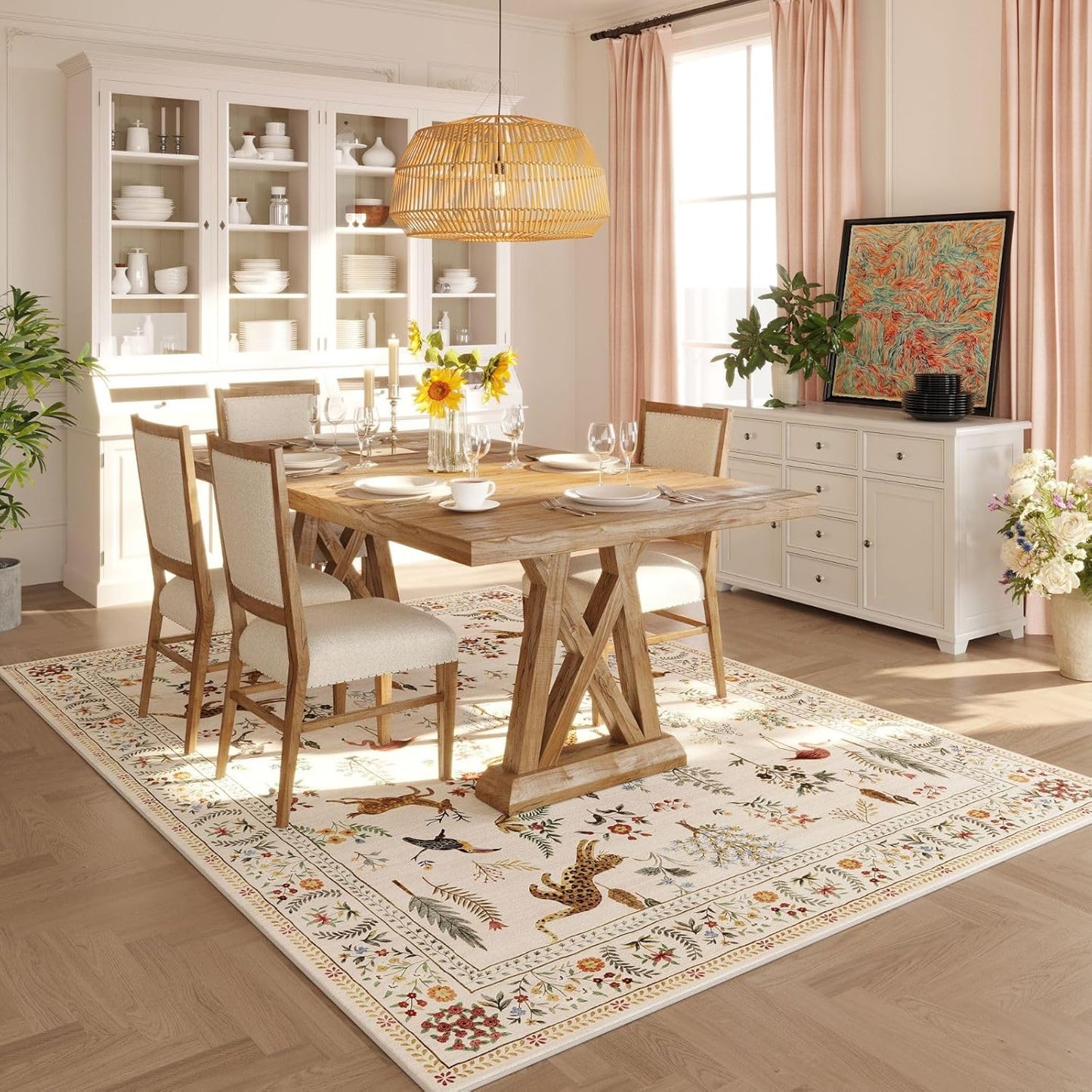 Rugcomf Living Room Rug 6x9 Rug Machine Washable Boho Area Rug Non Slip Floral Animal Vintage Low Pile Large Rug for Living Room, Bedroom, Farmhouse, Dining Room, Kids Playroom (Beige)