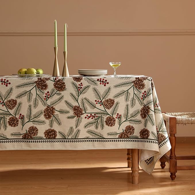 ISAENNE Designer Christmas Beige Linen Extra Long Tablecloth Rectangle,Pinecones Pattern Indoor Table Cloths,Washable Decor Tablecloths for Dining Thanksgiving Kitchen,63"*110"-Carol B