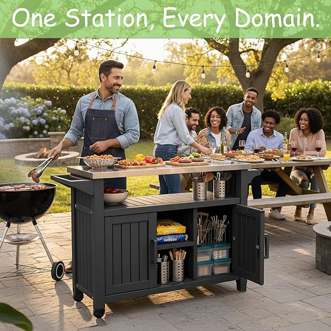 Kitchen Island Cart, 54" Outdoor Indoor Rolling Patio Serving Table with Stainless Steel Top, All-Weather Resin Cabinet with Storage & Wheels for BBQ Party, Black
