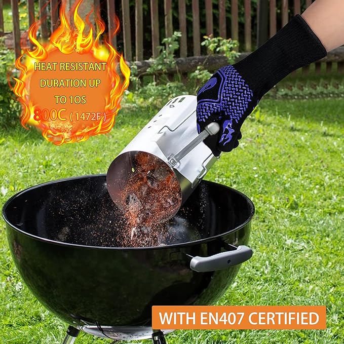 BBQ Fireproof Gloves, Grill Cut-Resistant 1472°F Heat Resistant Gloves, Non-Slip Silicone Oven Gloves, Kitchen Safe Cooking Gloves for Oven Mitts,Barbecue,Cooking, Frying,13.5 Inch-Blue