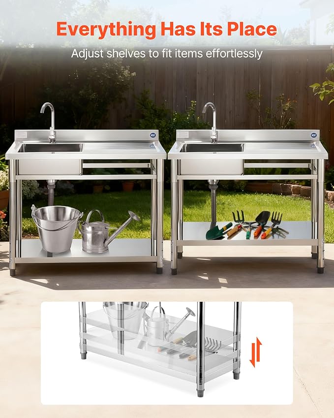VEVOR Stainless Steel Utility Sink, Free Standing Single Bowl Commercial Kitchen Sink with Faucet, Utility Right Basin Workbench with Hot & Cold Water Pipe for Garage Restaurant Laundry, 47x19.7x37 in