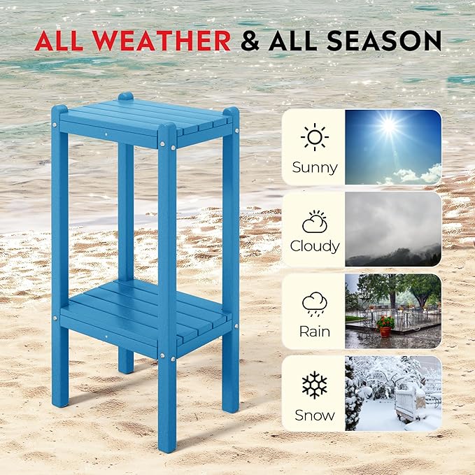 Costaelm Outdoor Side Table, 2-Tier Small Patio Coffee Tables for Outside, Outdoor End Tables for Patio, Adirondack Side Table for Outside, Outside Table for Pool, Porch, Garden, Pacific Blue