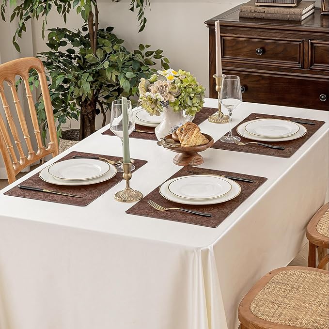 Romanstile Vinyl Placemats Set of 4-12 X 18 Inch - Heat Resistant Non-Slip Embossed Floral Place Mats 100% Waterproof Oilproof Wipeable Faux Leather Table Mats for Kitchen/Dining/Party, Brown