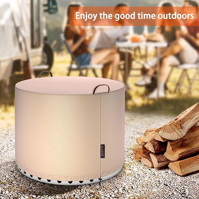 QH.HOME [2025 Upgraded 900D Fabric] Fire Pit Cover Round for Solo Stove Bonfire 2.0, Strong Tear Resistant,Waterproof Firepit Accessories for Gas/Table/Bowl Fire pits - 21" D X 15" H - Wheat